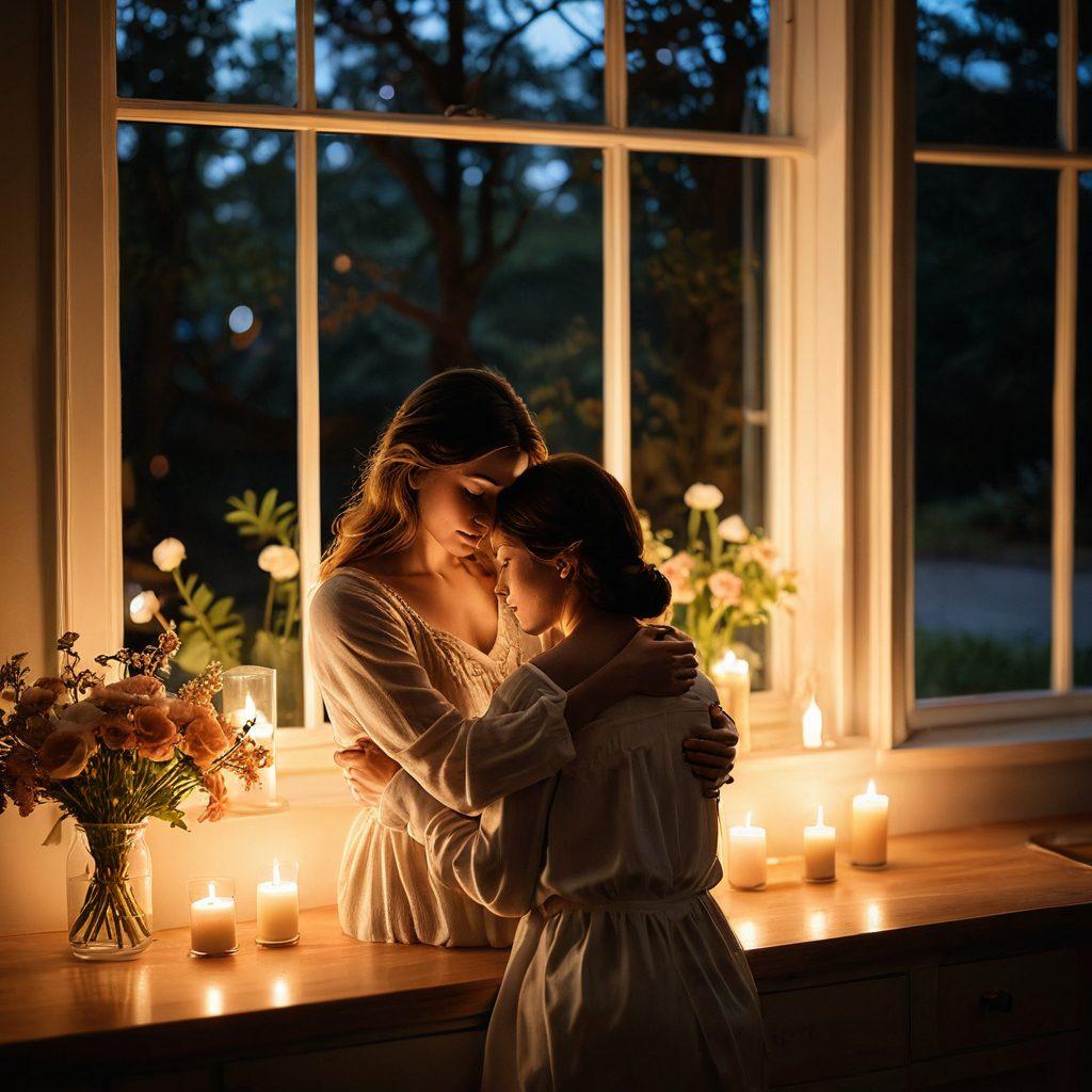 A serene scene depicting a couple engaged in a tender moment, surrounded by soft, warm candlelight and delicate flowers. The background features a cozy home setting with a hint of nature visible through a window, symbolizing growth and connection. Emphasize the couple's emotional bond with gentle expressions and intertwined hands. The atmosphere should evoke warmth, love, and dedication. soft focus. warm colors. romantic ambiance.