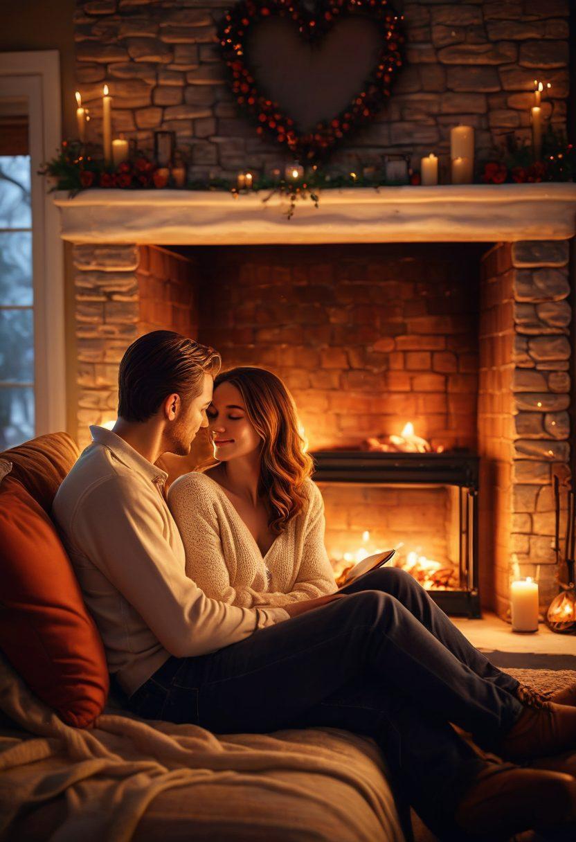 A warm, inviting scene of a couple sitting by a crackling fireplace, surrounded by glowing candles and soft, plush pillows. The atmosphere is filled with heart shapes made of glowing embers floating around them. Soft, romantic lighting casts gentle shadows, enhancing the cozy, intimate vibe. Capture the essence of love and connection with vibrant colors and a dreamy focus. super-realistic. warm tones. cozy atmosphere.