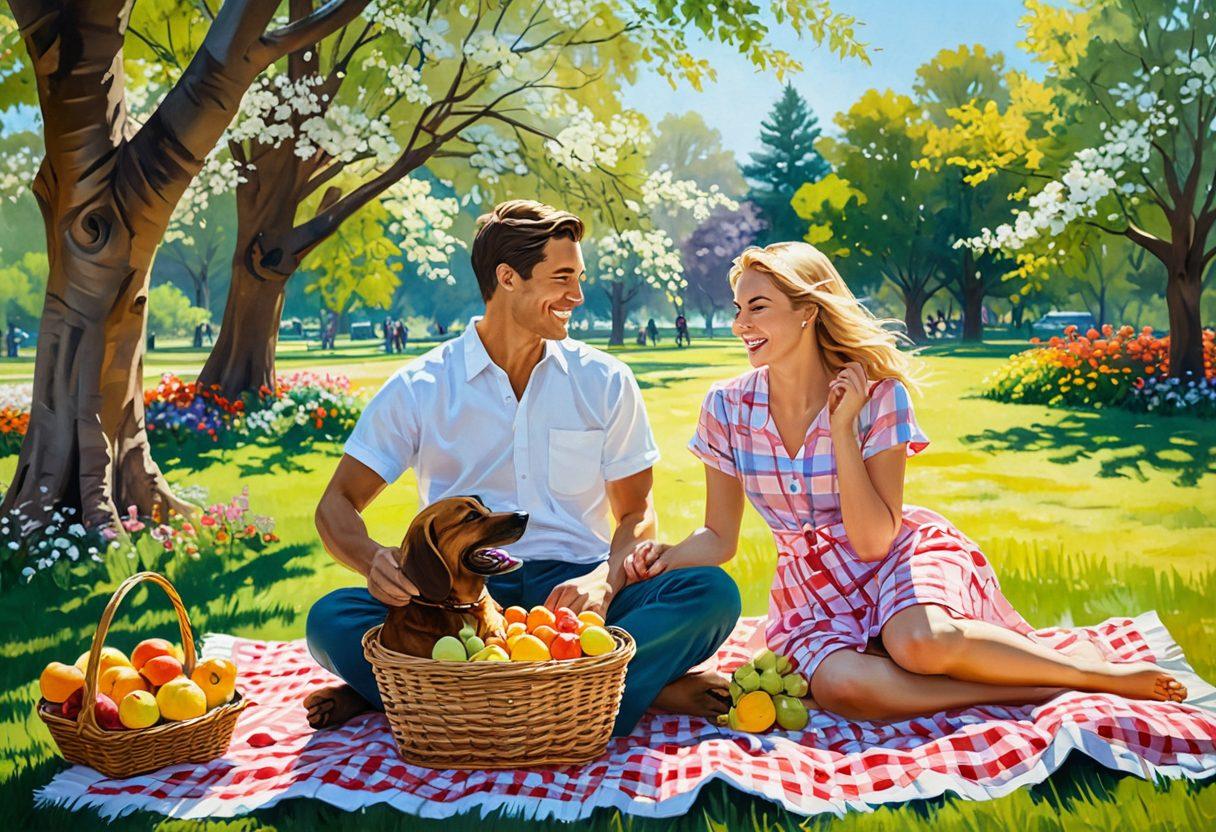 A warm, cozy scene featuring a couple playfully laughing together while sharing a spontaneous picnic in a sunlit park, surrounded by blooming flowers and a gentle breeze. Include items like a checkered blanket, a basket filled with fruits, and perhaps a playful dog running nearby, symbolizing joy and fondness. The couple should display genuine affection, capturing the essence of keeping the flame alive in a relationship. vibrant colors. painting.